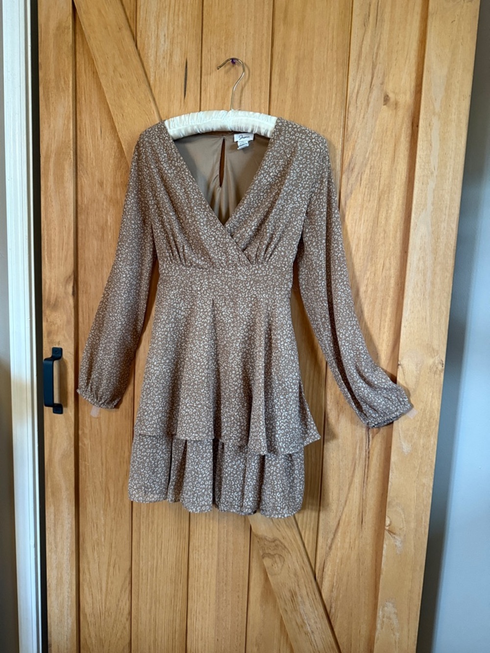 Lightweight Brown Floral Wrap Mini Dress with Long Sleeves